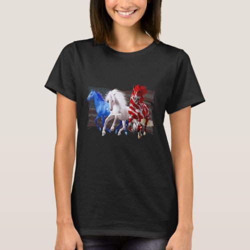 American Flag Horses Patriotic Red White Blue 4th  T_Shirt