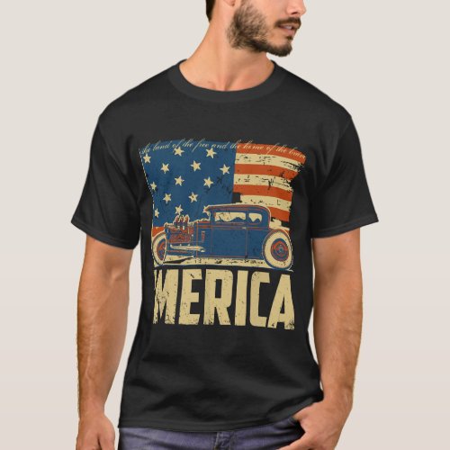 American Flag Hot Rod Custom Car Merica 4th of Jul T_Shirt