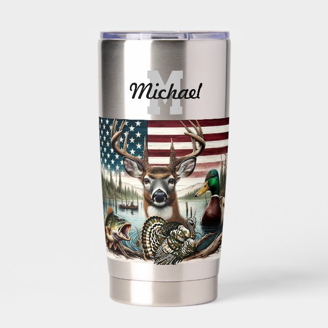 American Flag Hunting and Fishing Themed Insulated Tumbler (Front)