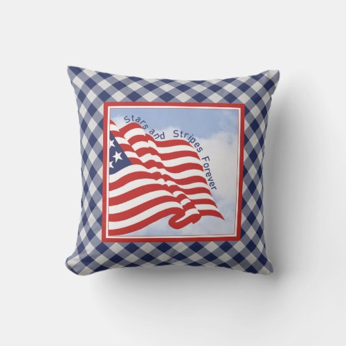 American Flag Illustration Navy Gingham Checks Throw Pillow