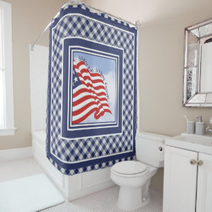 American Flag Illustration Red White Blue   Checks Shower Curtain