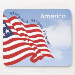 American Flag Illustration Red White Blue Sky Mouse Pad<br><div class="desc">Optionally personalize the text on the front, or leave it as-is. This is a patriotic illustration of a waving American flag which is layered over a photo of a blue sky with white clouds. The typography, "Stars and stripes forever, " follows the top edge of the flag. The theme is...</div>