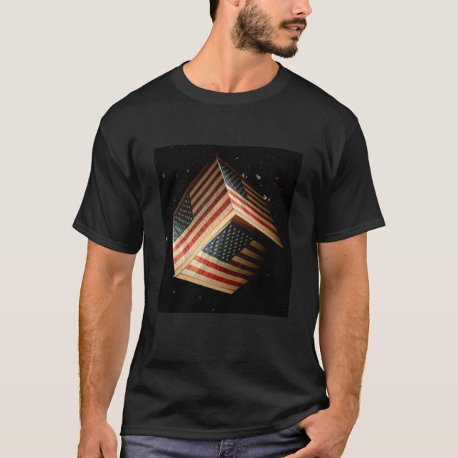 American Flag in a Cube Floating in Space T-Shirt (Front)