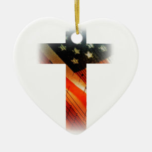 American Flag in cross Ceramic Ornament