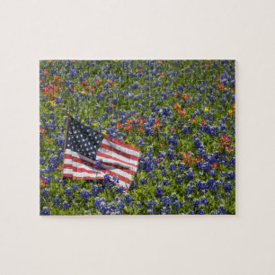 American Flag in field of Blue Bonnets, 2 Jigsaw Puzzle