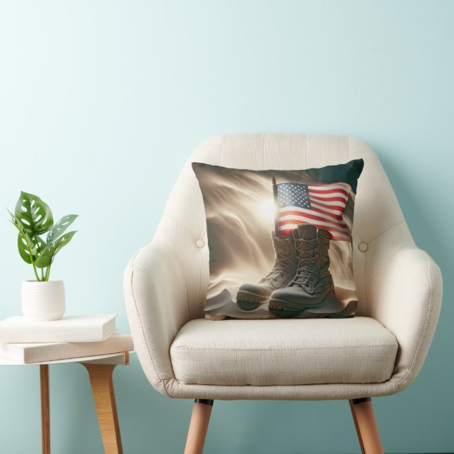 American Flag In Military Boots Throw Pillow (Chair)