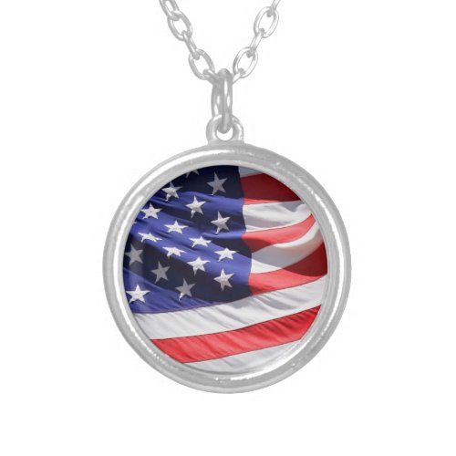 American Flag in the Wind Waving Banner Silver Plated Necklace