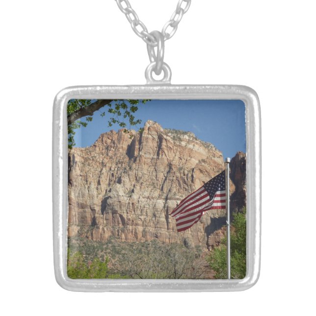 American Flag in Zion National Park I Silver Plated Necklace (Front)