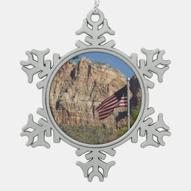 American Flag in Zion National Park I Snowflake Pewter Christmas Ornament (Front)