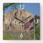 American Flag in Zion National Park I Square Wall Clock
