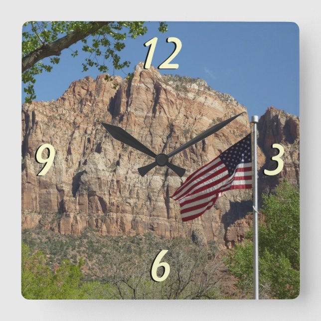 American Flag in Zion National Park I Square Wall Clock (Front)