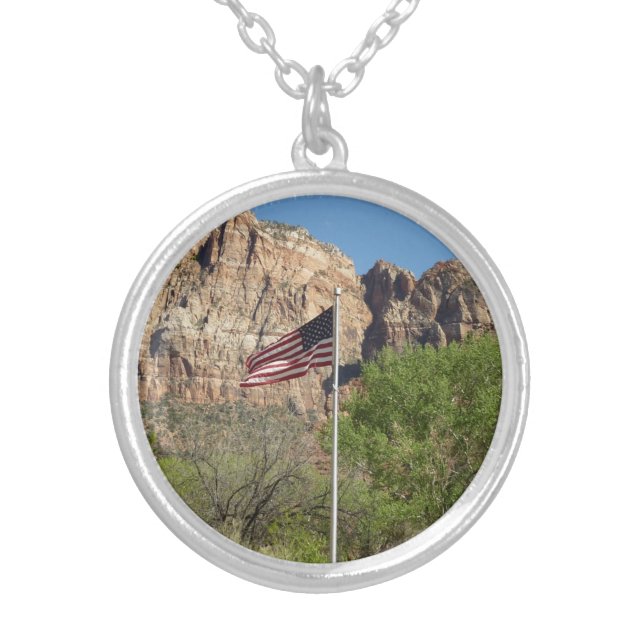 American Flag in Zion National Park II Silver Plated Necklace (Front)