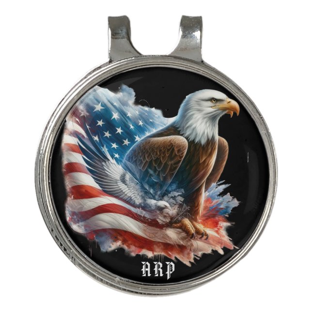 *~* American Flag Initials USA + Bald Eagle AP16 Golf Hat Clip (Front)