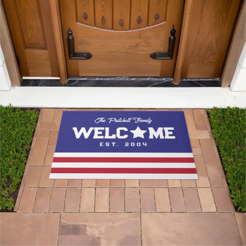 American Flag Inspired Welcome Family Name Doormat