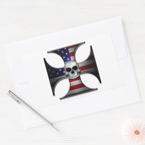 American Flag Iron Cross With Skull Rectangular Sticker Zazzle 9196