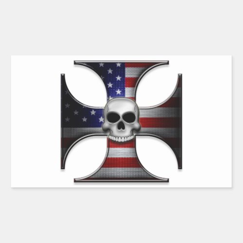 American Flag Iron Cross with Skull Rectangular Sticker