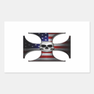 American Flag Iron Cross with Skull Rectangular Sticker