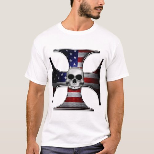 American Flag Iron Cross with Skull T_Shirt