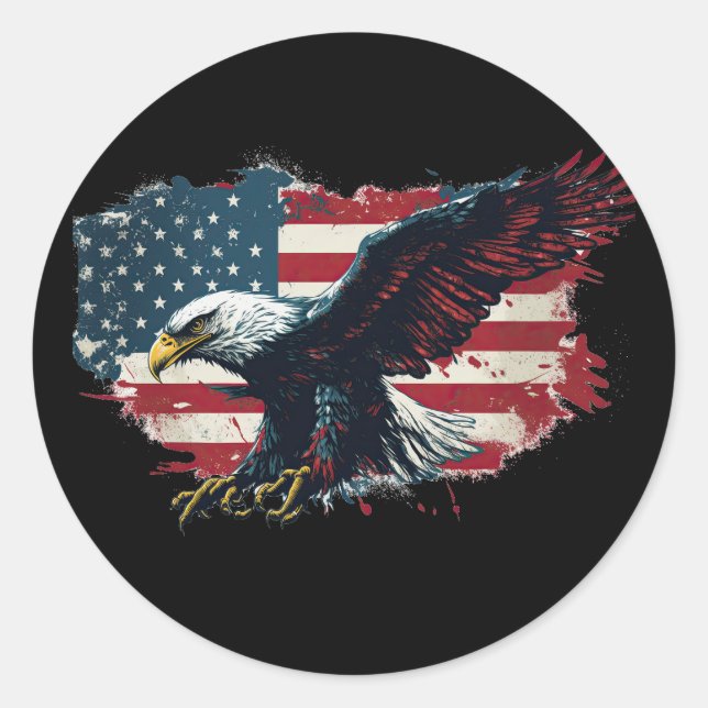 american-flag-is-accompanied-by-soaring-eagle-symb classic round sticker (Front)