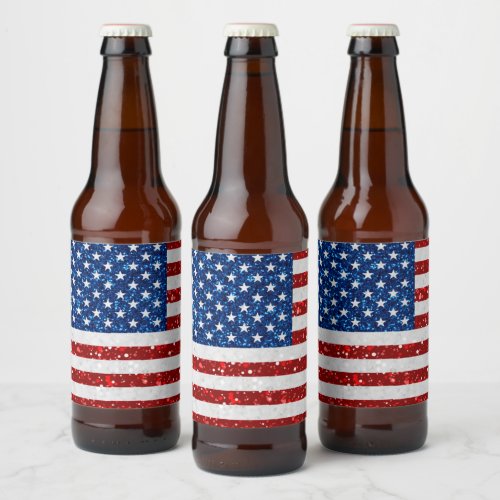 American Flag July 4th Glitter Beer Bottle Label