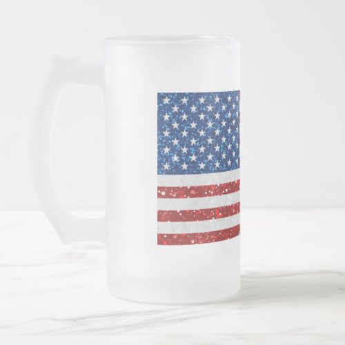 American Flag July 4th Glitter Frosted Glass Beer Mug