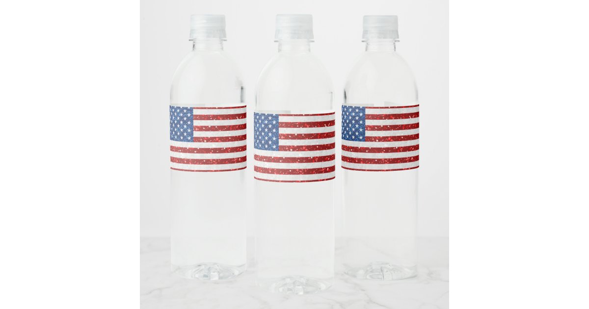 American Flag July 4th Glitter Water Bottle Label | Zazzle