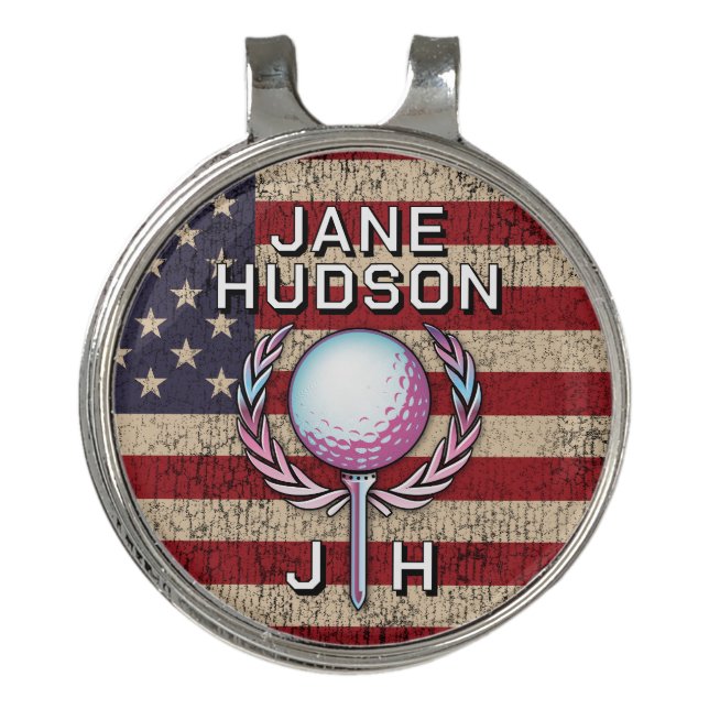 American Flag Lady Golfer Custom Monogram Design Golf Hat Clip (Front)