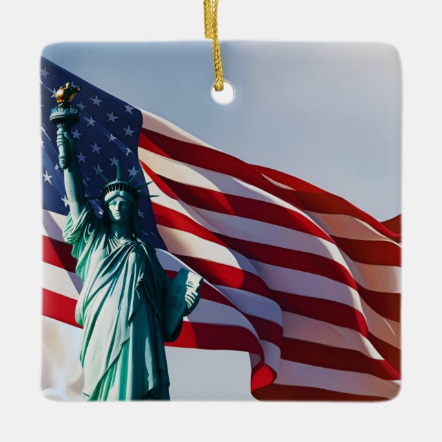 American Flag Lady Liberty Ceramic Ornament (Front)