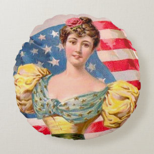 American Flag Lady Liberty Independence Round Pillow