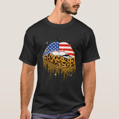 American Flag Leopard Lips 4Th Of July Usa Mouth T_Shirt