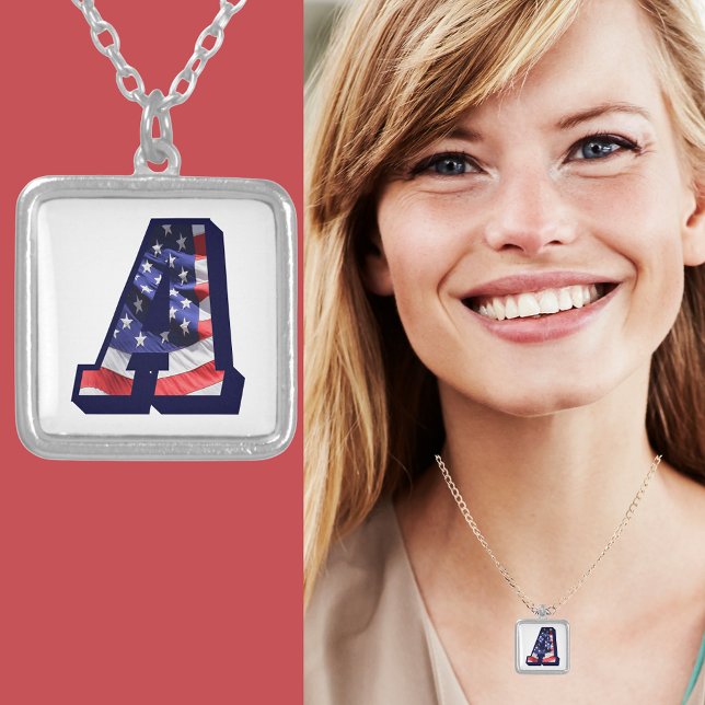 American Flag Letter "A" Silver Plated Necklace (American Flag Letter "A" Silver Plated Necklace)