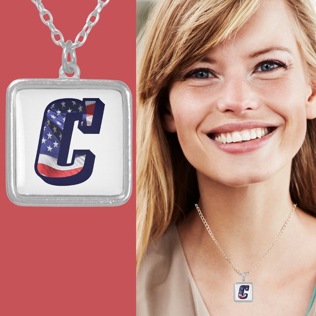American Flag Letter "C" Silver Plated Necklace (American Flag Letter "C" Silver Plated Necklace)