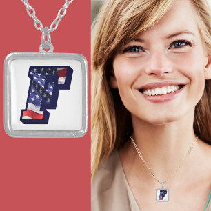 American Flag Letter "F" Silver Plated Necklace
