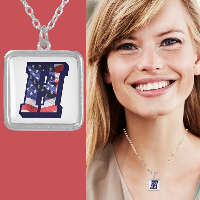 American Flag Letter H" Silver Plated Necklace (American Flag Letter H" Silver Plated Necklace)