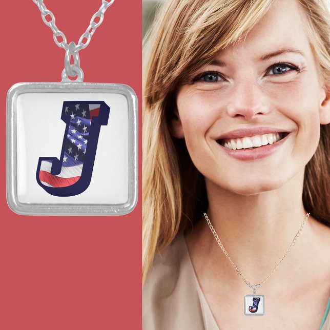 American Flag Letter J" Silver Plated Necklace (American Flag Letter J" Silver Plated Necklace)