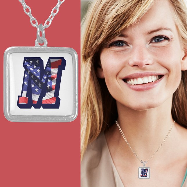 American Flag Letter M" Silver Plated Necklace (American Flag Letter M" Silver Plated Necklace)