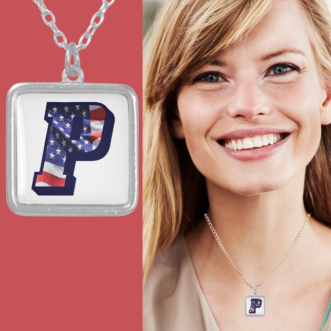American Flag Letter P" Silver Plated Necklace (American Flag Letter P" Silver Plated Necklace)