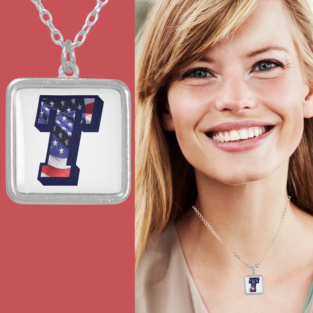 American Flag Letter "T" Silver Plated Necklace (American Flag Letter "T" Silver Plated Necklace)