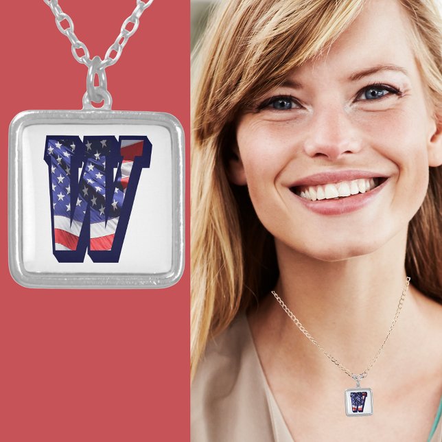 American Flag Letter "W" Silver Plated Necklace (American Flag Letter "W" Silver Plated Necklace)