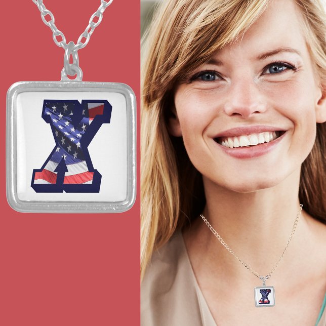 American Flag Letter "X" Silver Plated Necklace (American Flag Letter "X" Silver Plated Necklace)