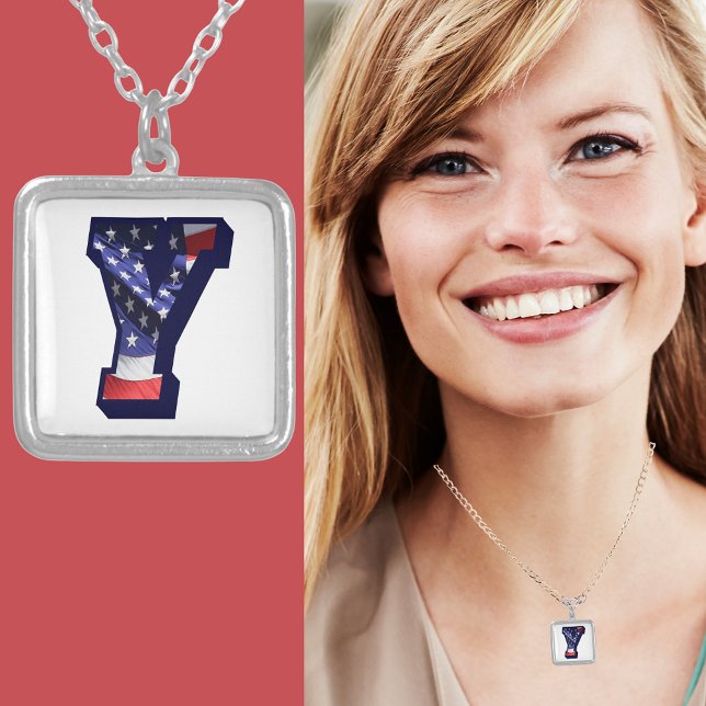 American Flag Letter "Y" Silver Plated Necklace (American Flag Letter "Y" Silver Plated Necklace)