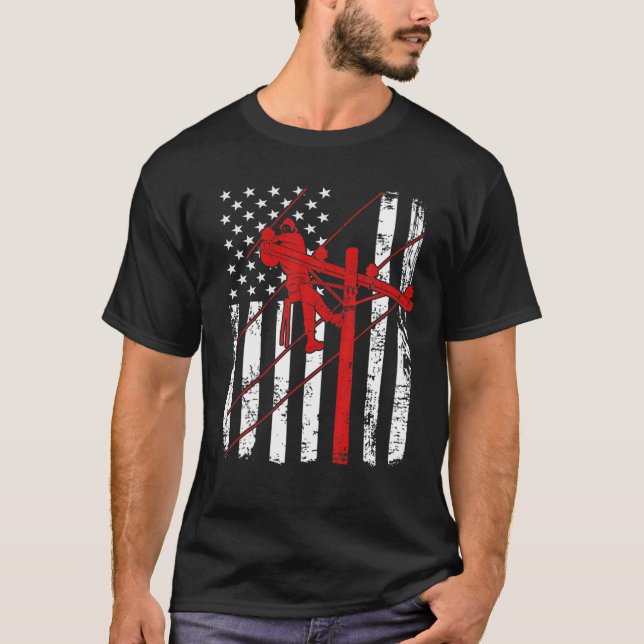 American flag Lineman USA electric cable patriotic T-Shirt (Front)