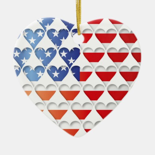 American Flag Love Hearts Ceramic Ornament