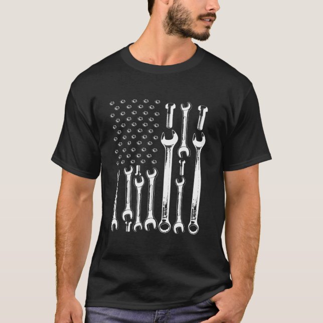 American Flag Mechanic Patriotic Auto Wrench T-Shirt (Front)