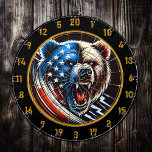 American Flag Meets Roaring Fury Dart Board<br><div class="desc">1. This unique dart board features an eye-catching design that combines the classic game of darts with a striking image of a grizzly bear draped in the American flag. The bear's fierce expression and vibrant colors make it a standout piece, perfect for anyone who loves wildlife or wants to add...</div>
