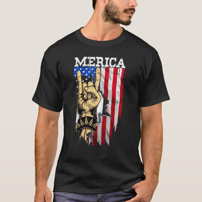 American Flag Merica Rock Sign Hand  Fourth Of Jul T-Shirt (Front)