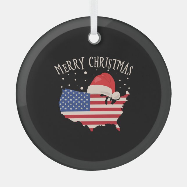 American flag Merry Christmas design Glass Ornament (Front)