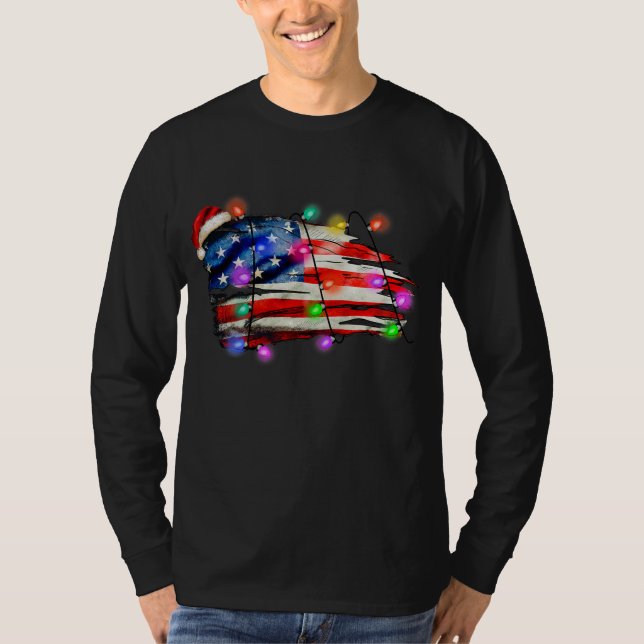 American Flag Merry Christmas Lights Xmas Santa T-Shirt (Front)