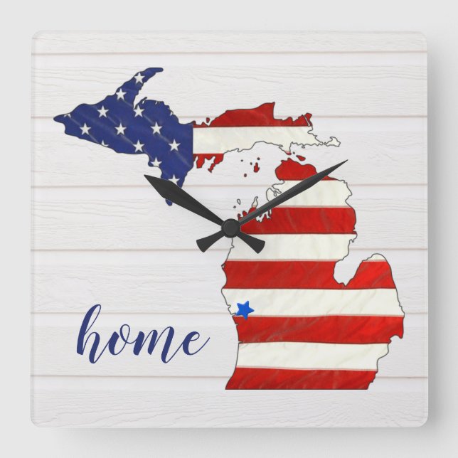 American Flag Michigan Square Wall Clock (Front)