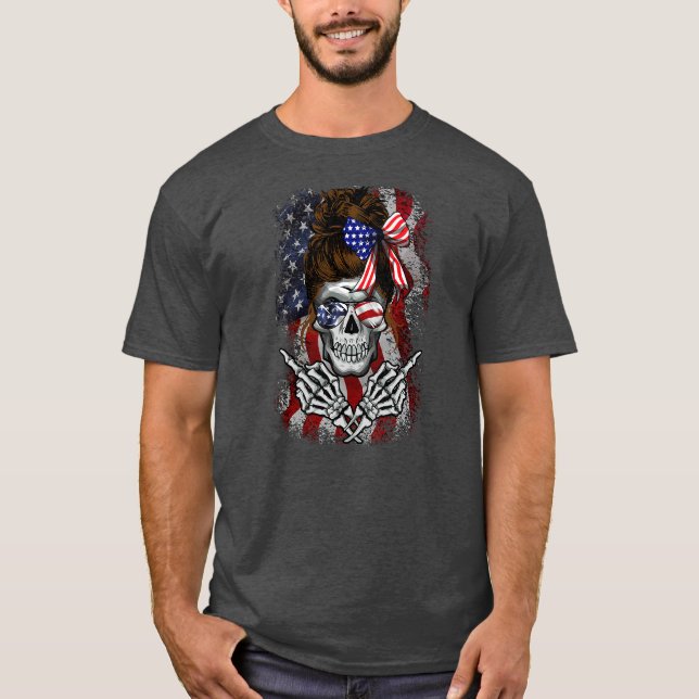 American Flag Middle Finger Skull 4th of July Men T-Shirt (Front)